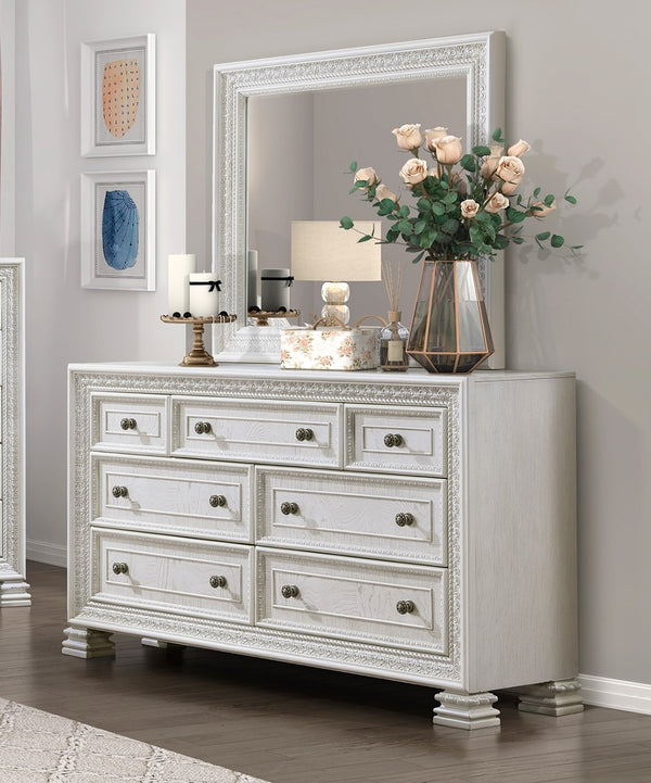 English Elm Classic Pearl White Seven Drawer Dresser Ash Veneer Egg Dart Molding Bedroom B011P242369