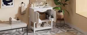 English Elm 30-Inch White Bathroom Vanity With Ceramic Sink - Stylish Storage Solution For Small Spaces! WF325888AAK
