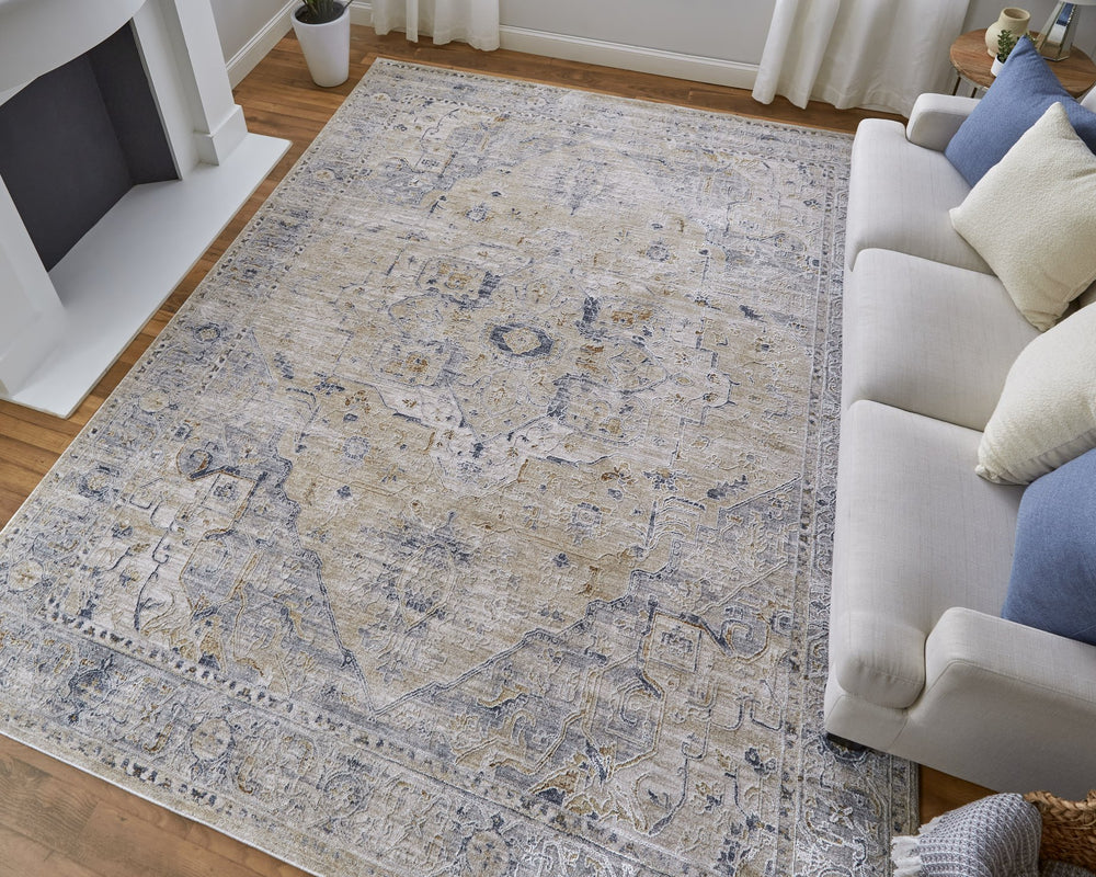 Feizy Rugs Pasha Global Charm Area Rug - Vibrant Medallion Design, Soft Low Pile, Stain-resistant & Kid-friendly Ivory,Taupe,Blue Polyester Pas39m5fbgebluf05