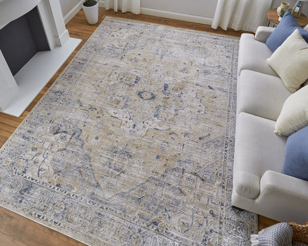 Feizy Rugs Pasha Global Charm Area Rug - Vibrant Medallion Design, Soft Low Pile, Stain-resistant & Kid-friendly Ivory,Taupe,Blue Polyester Pas39m5fbgebluf05