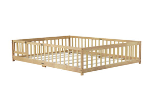 English Elm Queen Floor Bed with Safety Fence and Guardrails, Rubberwood Low Profile Platform for Kids Natural W504P286389