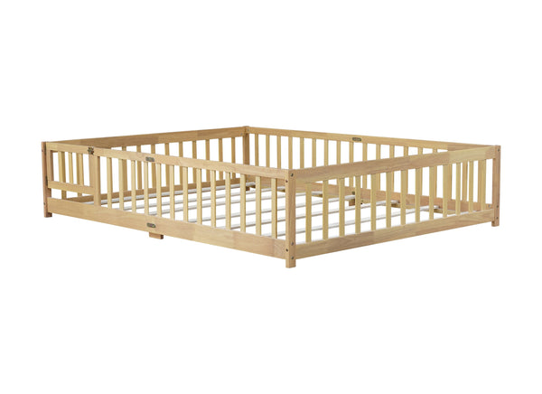 English Elm Queen Floor Bed with Safety Fence and Guardrails, Rubberwood Low Profile Platform for Kids Natural W504P286389