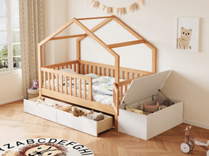 English Elm Toddler Playhouse Bed Solid Pine Frame with Storage Drawers Safety Gate Kids Room N899P429858N