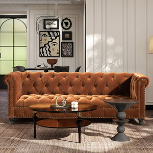 English Elm Jennifer Taylor Home - Alto 88" Tufted Chesterfield Sofa in Burnt Orange Performance Velvet — Handcrafted, Nailhead Trim, Durable Comfort B2719P280169