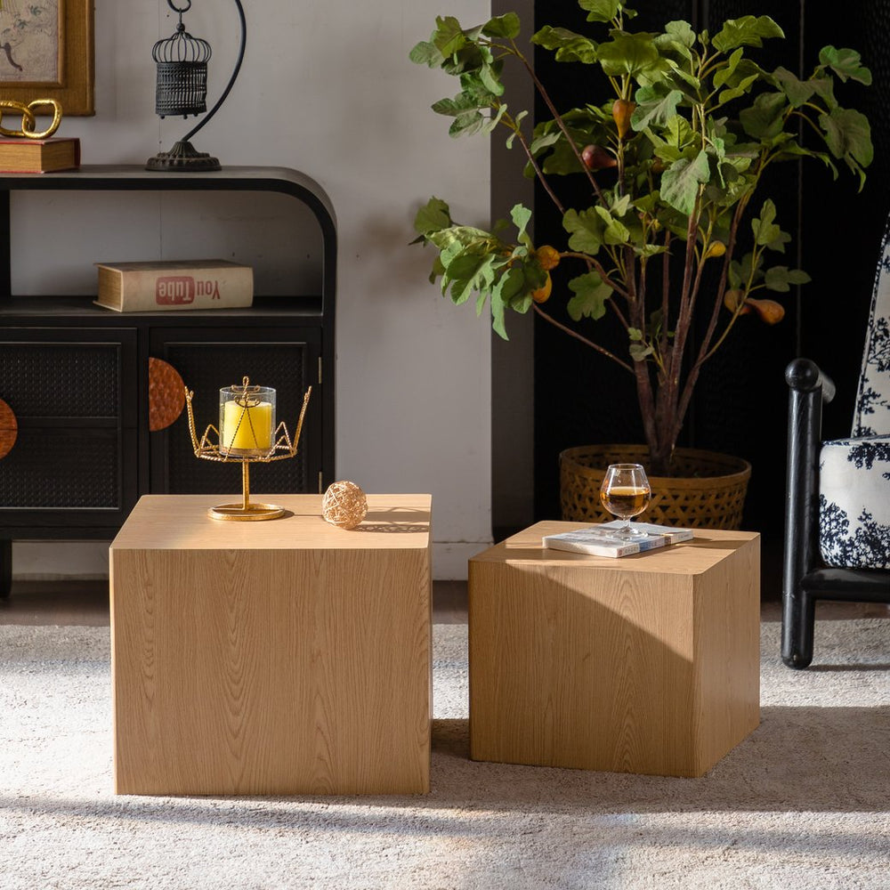 English Elm Set of 2 Cube Nesting Tables Mdf Wood Grain Finish Compact Modern Living Room Accent W3158P395510