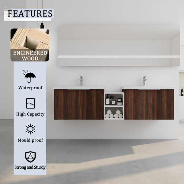 English Elm 72 Inch Wall Mounted Vanity with Resin Sink, Soft-Close Doors, Ample Storage Shelves, Durable Eco Plywood Finish California Walnut W999S00189