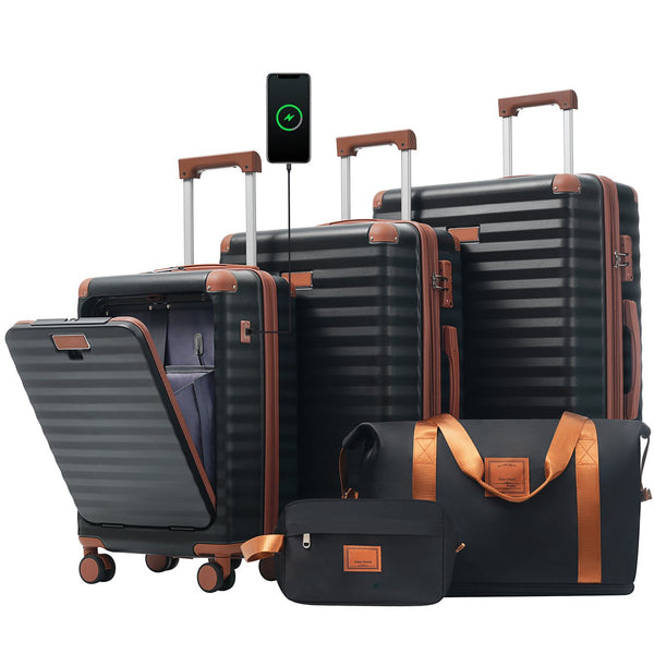 English Elm Luggage 5 Piece Abs Hardshell Travel Set with Usb Port Spinner Wheels and Tsa Lock Black Brown N732P265290B