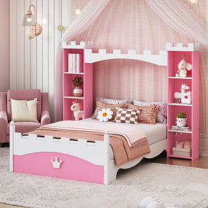 English Elm Castle-Shaped Twin Bed with Crown Footboard and Built-In Shelves, Sturdy MDF/Pine Frame for Kids Pink+White 56.69 L x 17.72 W x 5.51 H N733S177379H