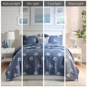 English Elm 4 Piece Cotton Reversible Embroidered Quilt Set with Coastal Starfish & Shell Motifs, OEKO-TEX Certified Quality Navy 20.87 L x 16.93 W x 6.5 H B03595793