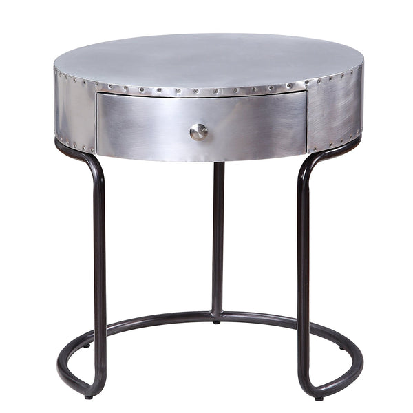 English Elm Aluminum Drum End Table with Patchwork Top and Drawer, Black Iron Frame, Modern Industrial Charm B062P189153