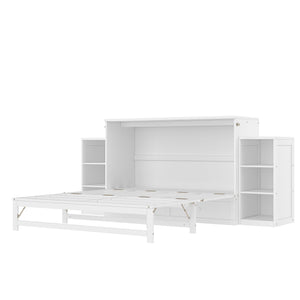 English Elm Queen Murphy Wall Bed with Open Shelves and Drawers for Guest or Office Rooms White W5316S00007