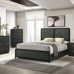 English Elm Burton Charcoal Upholstered Queen Bed with Padded Headboard, Rounded Corners & Modern Black Frame B062S01301