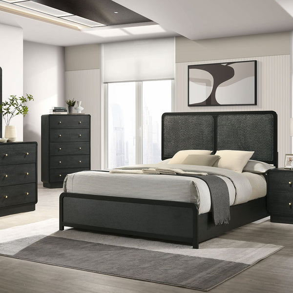 English Elm Burton Charcoal Upholstered Queen Bed with Padded Headboard, Rounded Corners & Modern Black Frame B062S01301