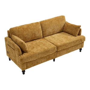 English Elm Modern chenille 2-seater sofa with LED, USB charging, storage pocket, solid wood legs, durable comfort Mustard yellow W395P318542