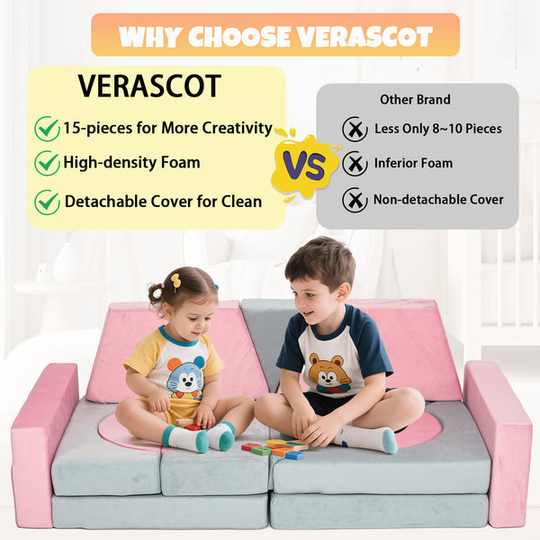 English Elm 15pcs Modular Toddler Play Couch Set Velvet Foam Fort Building Playroom Seating Pink+Grey T5880P493414
