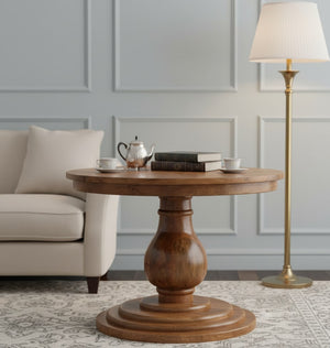English Elm Artisan Solid Mango Wood Round Dining Table Handcrafted Golden Teak Finish B182P431968
