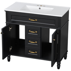 English Elm 36 Inch Bathroom Vanity with Ceramic Sink, Durable MDF & Solid Wood Frame, Soft-Close Doors, Luxe Handles, Ample Organized Storage, Modern Freestanding Design Black N725P314034B