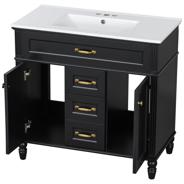 English Elm 36 Inch Bathroom Vanity with Ceramic Sink, Durable MDF & Solid Wood Frame, Soft-Close Doors, Luxe Handles, Ample Organized Storage, Modern Freestanding Design Black N725P314034B