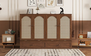 English Elm Queen Size Murphy Bed - Stylish Pine Wood Cabinet With Power Station & Rattan Panel For Space-Saving W504S00234-GIGA
