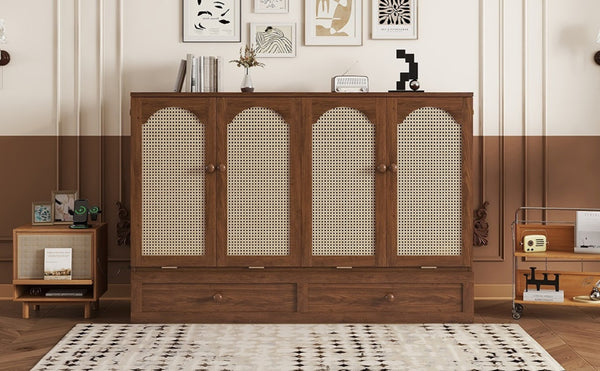 English Elm Queen Size Murphy Bed - Stylish Pine Wood Cabinet With Power Station & Rattan Panel For Space-Saving W504S00234-GIGA