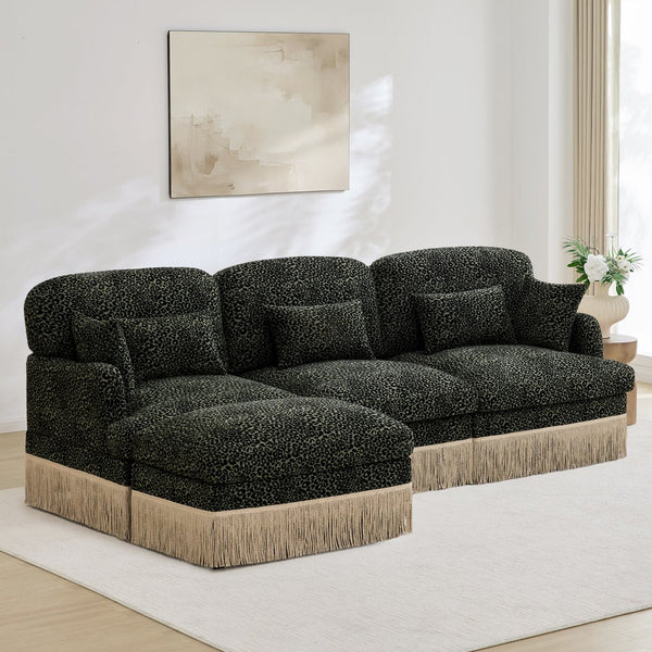 English Elm 100"comfy Chenille Leopard Print Sectional Sofa with Tassel Trim and Movable Ottoman Green W5656S00032