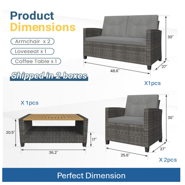 English Elm 4-piece Wicker Outdoor Conversation Set with Acacia Wood Table and Foam Cushions Grey+Brown B082S00062