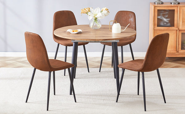 English Elm Table And Chair Set - Modern Extendable Round-To-Oval Dining Table With 4 Plush Suede Chairs For Comfort W1151S04100-GIGA