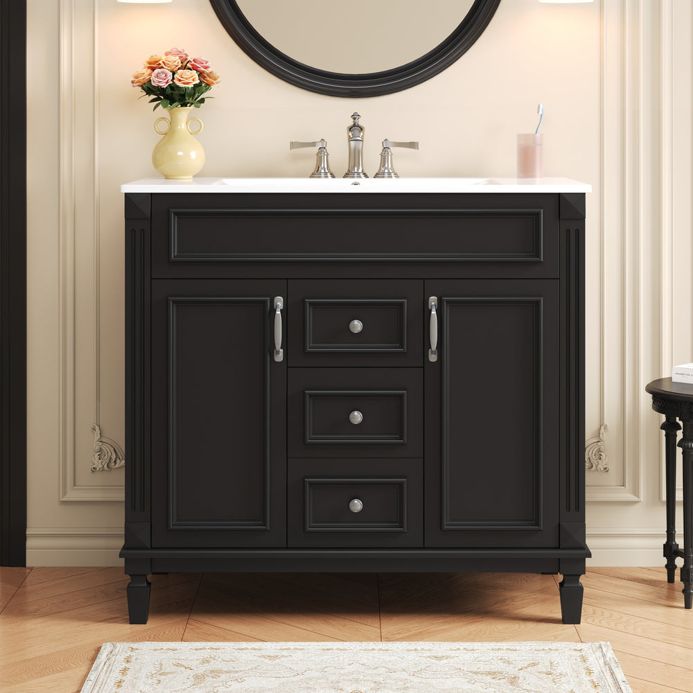 English Elm 36'' Modern Bathroom Vanity With Black Ceramic Top, Soft Closing Doors & Drawers For Stylish Storage N710P230231B