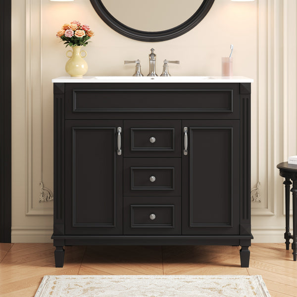 English Elm 36'' Modern Bathroom Vanity With Black Ceramic Top, Soft Closing Doors & Drawers For Stylish Storage N710P230231B