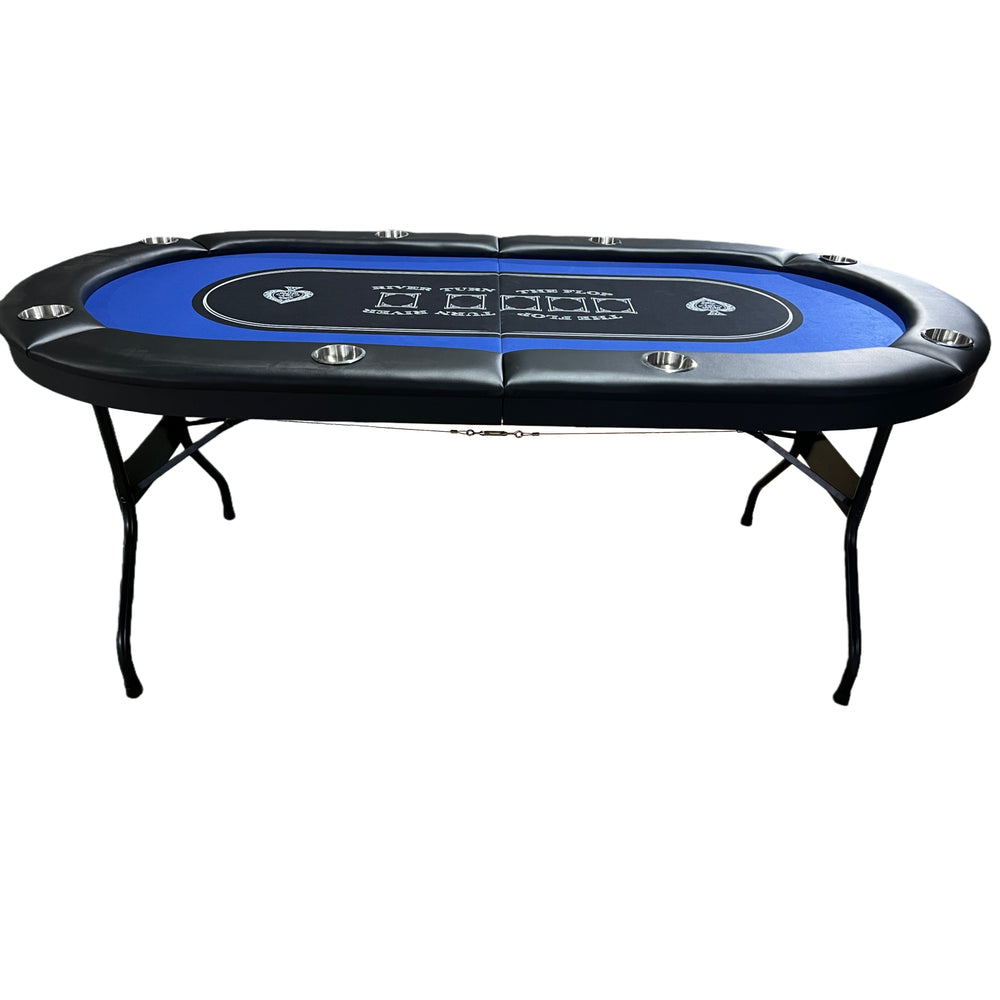 English Elm Ino Design Foldable Oval Poker Table Felt Surface Faux Leather Rails Seats Eight Players Blue W2748P412995