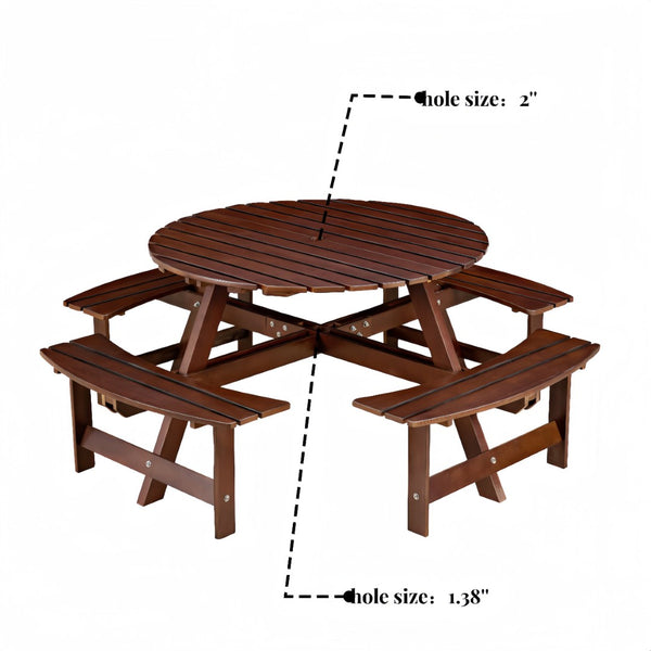 English Elm Outdoor 8-Person Round Picnic Table With Built-In Benches, Umbrella Hole & Waterproof Finish For Gardens W2275P149765-GIGA