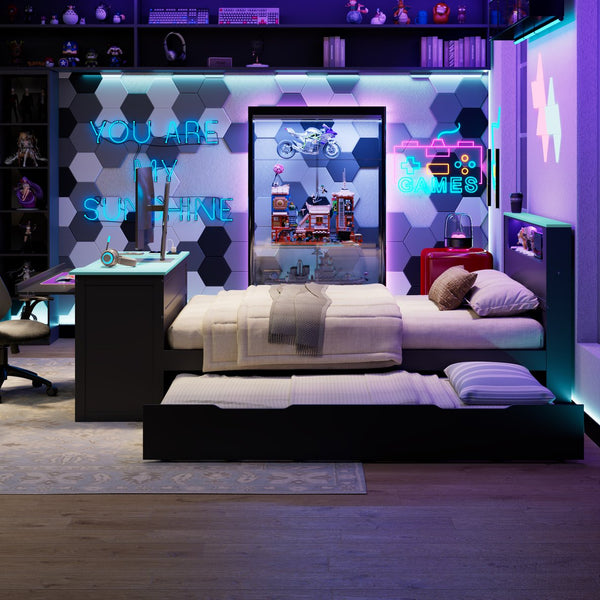 English Elm Full Size Wood Platform Daybed with Trundle Desk Rgb Led Lighting Gaming Bedroom Black+Blue LT000284AAC