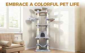 English Elm 71 Inch Floral Cat Tower with Condo Hammock Sisal Posts and Plush Perches for Large Breeds Light Gray W243P326647