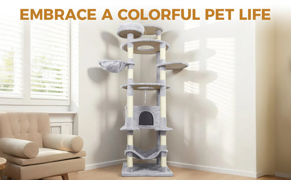 English Elm 71 Inch Floral Cat Tower with Condo Hammock Sisal Posts and Plush Perches for Large Breeds Light Gray W243P326647