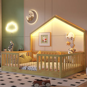 English Elm Twin Montessori Floor Bed House Frame with Led Lighting and Safety Rails for Kids Natural W2593P440609