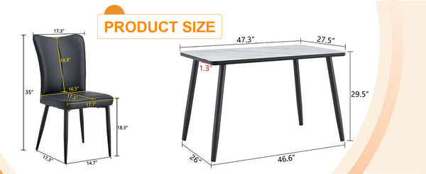 English Elm Table and Chair Set Modern Marble Glass Top with Black Metal Legs Pu Dining Chairs W1151S04659