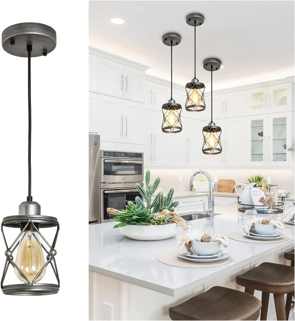English Elm Industrial Brushed Nickel Mini Cage Pendant Light - Adjustable LED Downlight for Kitchen Island, Dining Room T3177P299501