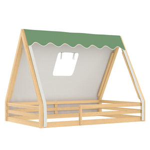 English Elm Twin Montessori Floor Bed Solid Pine Teepee Frame with Guardrails and Canopy Light Natural W1580P369468