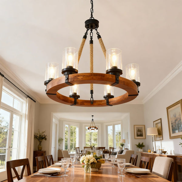 English Elm 23.62 Inch Wagon Wheel Chandelier Wood Metal Frame Seeded Glass Farmhouse Dining W5008P390657