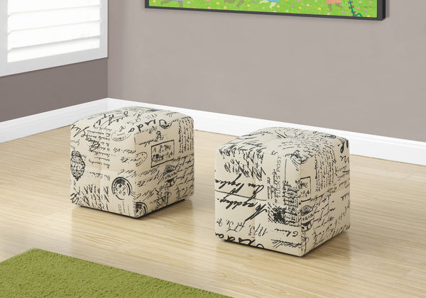 English Elm Ottoman, Set of 2 Kids Cube Poufs in Beige Vintage French Fabric - 12" Tufted Padded Footstools, Solid Wood B2710P218703