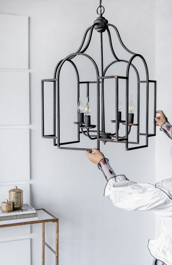 English Elm 17.3x17.3x28.7" Malin 4-light Iron Chandelier Satin Black Finish for Foyer or Dining W2078P411231
