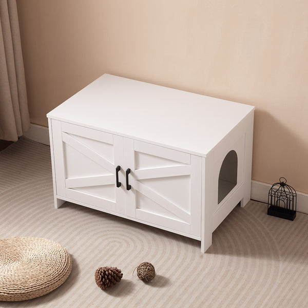 English Elm Cat Litter Box Enclosure with Barn Door Hidden Litter Box Furniture End Table Dual Cabinet Storage White W3008P235397
