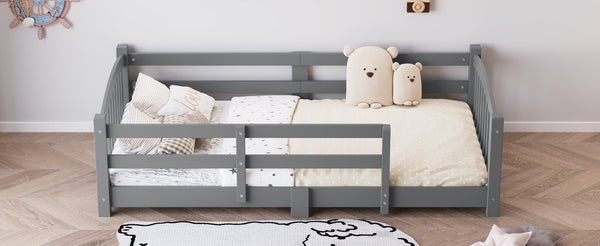 English Elm Twin Montessori Floor Bed Solid Pine Frame with Safety Guardrails for Kids Bedroom Gray N733P400298E