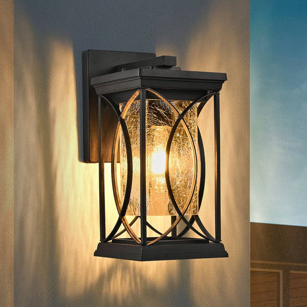 English Elm 14"(H) Black Outdoor Wall Lantern with Crackled Glass - Weatherproof Modern Porch Sconce, E26 Ready, Durable Metal Frame W2312P374978