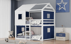 English Elm Full Size Kids Playhouse Bunk Bed Pinewood Frame with Tent Roof and Window Cutouts Blue LT000380AAC-1