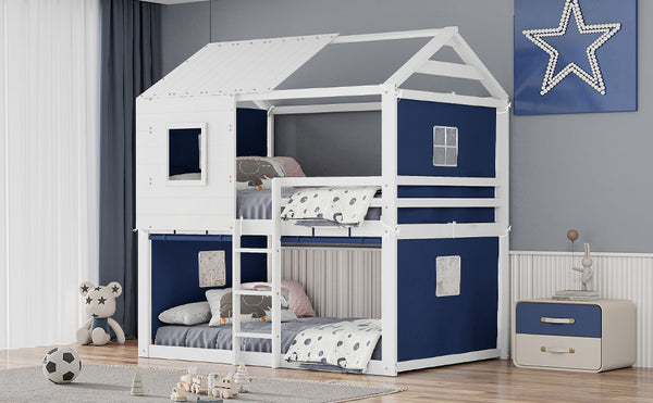 English Elm Full Size Kids Playhouse Bunk Bed Pinewood Frame with Tent Roof and Window Cutouts Blue LT000380AAC-1