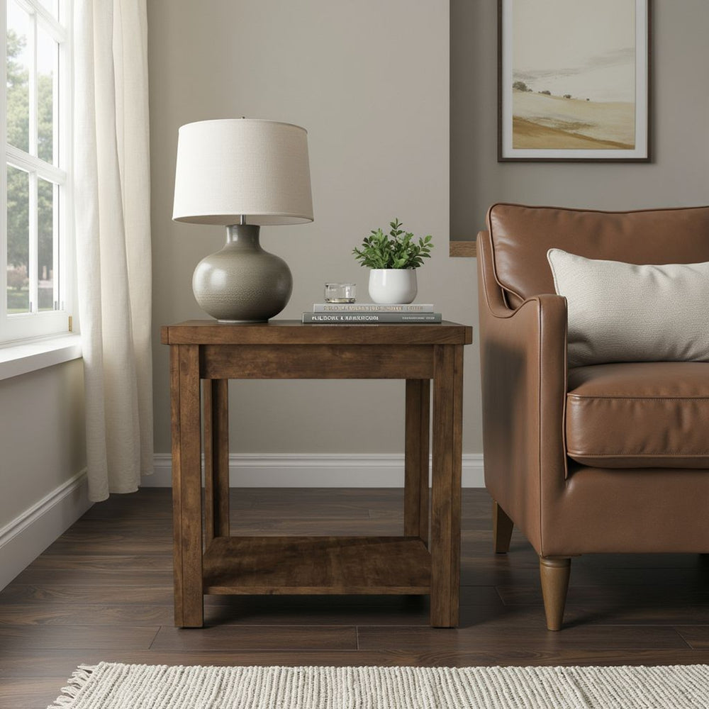 English Elm 24 inch Side Table Knotty Alder Whiskey Finish Rustic Modern End Table with Lower Shelf, Pre-Assembled B108P160190
