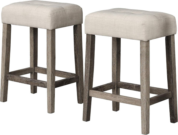 English Elm Transitional Engineered Wood 24" Counter Stool Set of 2 with Linen-Blend Cushions, Durable Antique Oak Finish Beige+Brown 25 L x 6 W x 23 H B011P356314