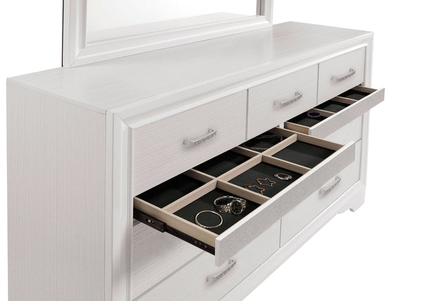 English Elm Corbin Queen Bedroom Set with Crystal Pulls Metallic Trim and Footboard Storage Drawers White B062S00786