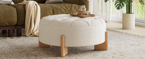 English Elm 32" Round Chenille Ottoman Tufted Footrest with Rubberwood Legs for Living Room Beige N723P405298A